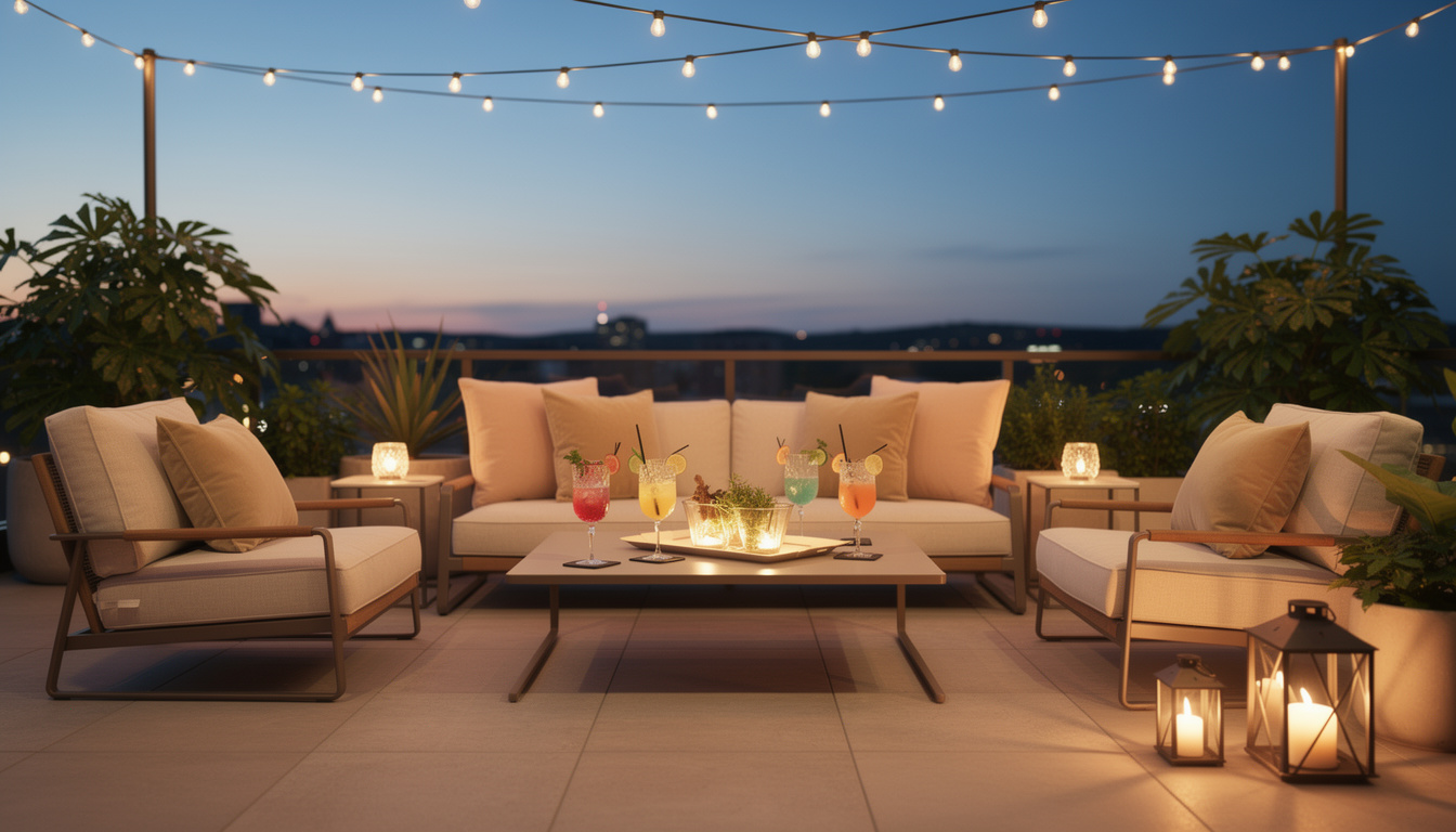 découvrez nos astuces pour créer une ambiance chaleureuse et conviviale lors de votre soirée cocktail en terrasse, entre éclairages, décoration et musique.