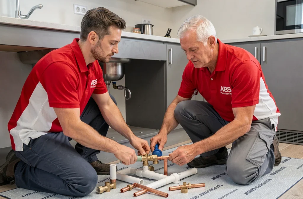 Deux techniciens ABS Plomberie installant un assemblage de plomberie sous un évier de cuisine moderne
