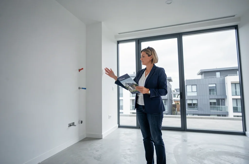 Femme inspectant un appartement neuf vide dans une résidence moderne pour un achat dans le neuf