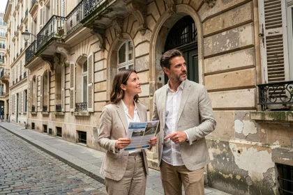 Couple visitant un immeuble ancien en pierre à Paris pour un achat immobilier dans l'ancien