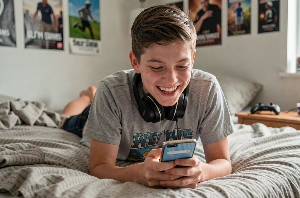 Adolescent souriant découvrant l'easter egg Google Do a Barrel Roll sur son smartphone dans sa chambre
