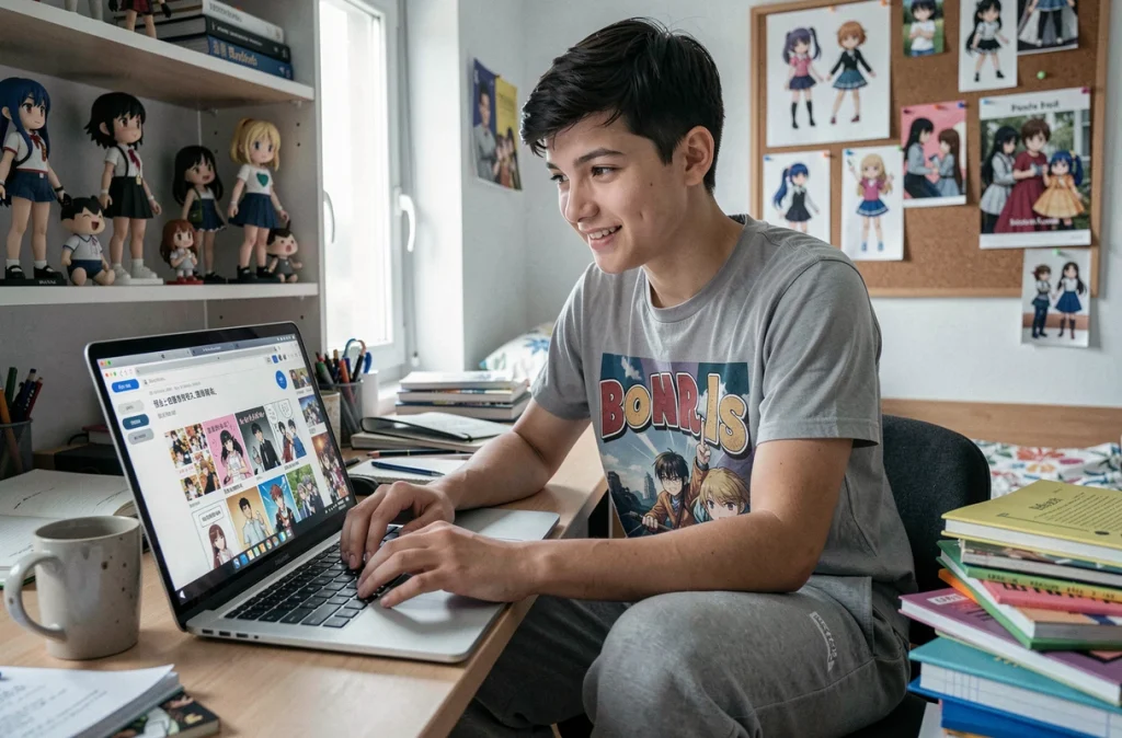 Adolescent découvrant des mangas en ligne sur son ordinateur portable dans sa chambre décorée d'anime
