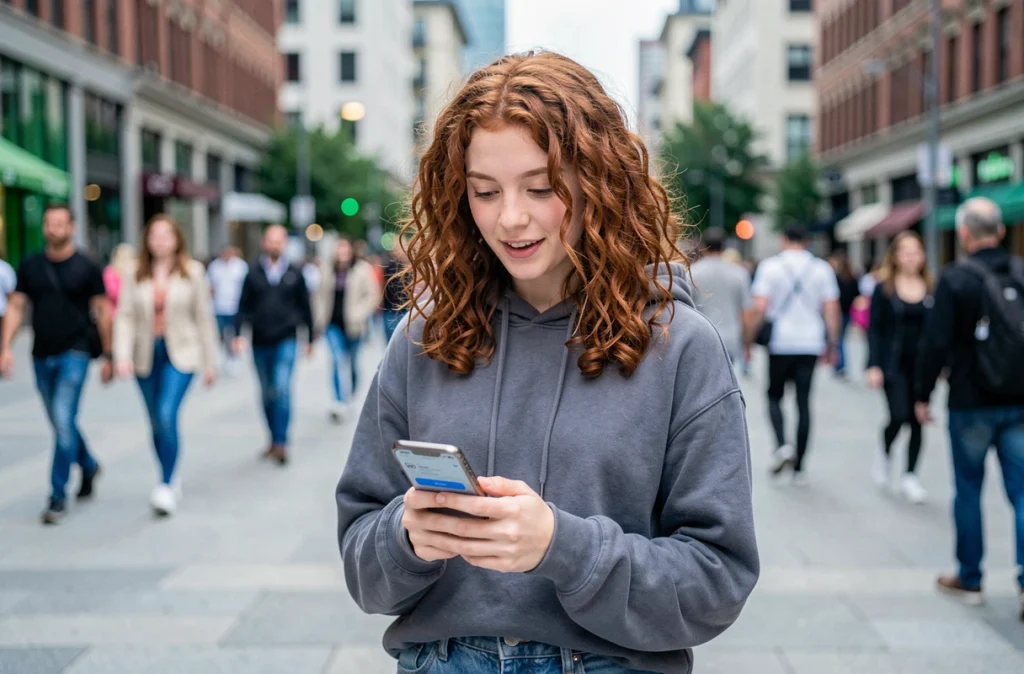 Adolescente utilisant un assistant vocal sur smartphone dans un espace urbain animé