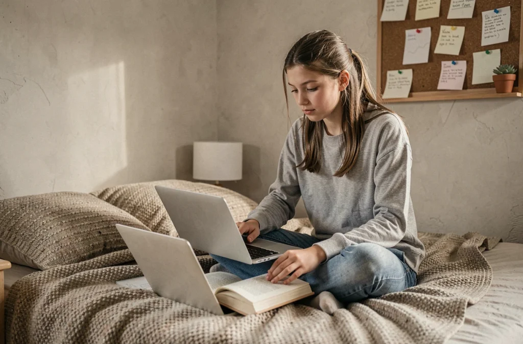 Adolescente fermant son ordinateur portable pour lire un livre dans sa chambre, symbolisant la gestion saine du temps passé devant les écrans