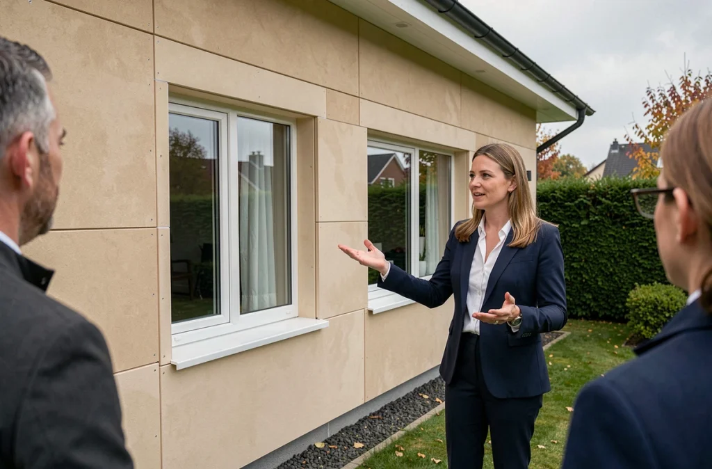 Agent immobilier présentant l'isolation extérieure d'une maison à des acheteurs potentiels