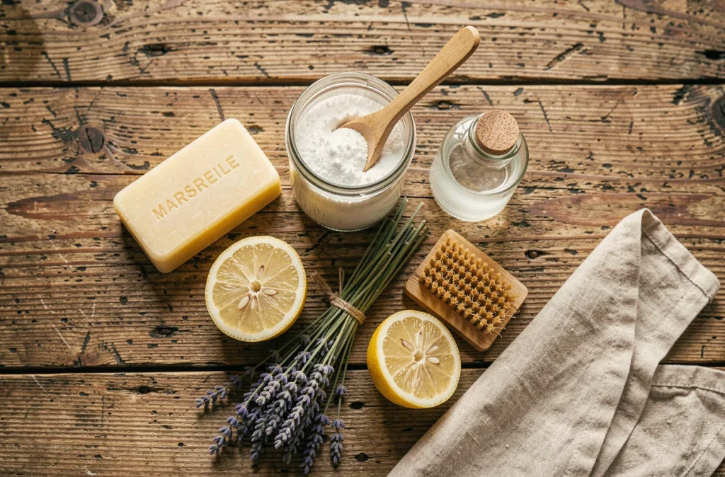 Vue aérienne de produits ménagers naturels et écologiques posés sur une planche en bois recyclé, incluant savon de Marseille, bicarbonate et citron