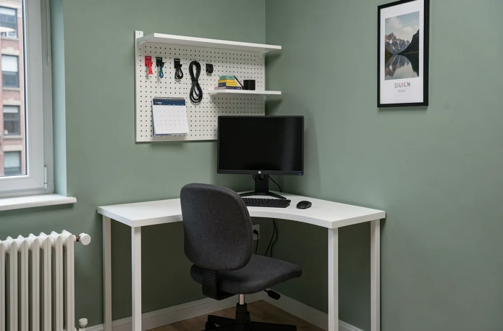 Coin bureau fonctionnel aménagé dans l'angle d'un petit studio avec pegboard, bureau blanc et chaise ergonomique