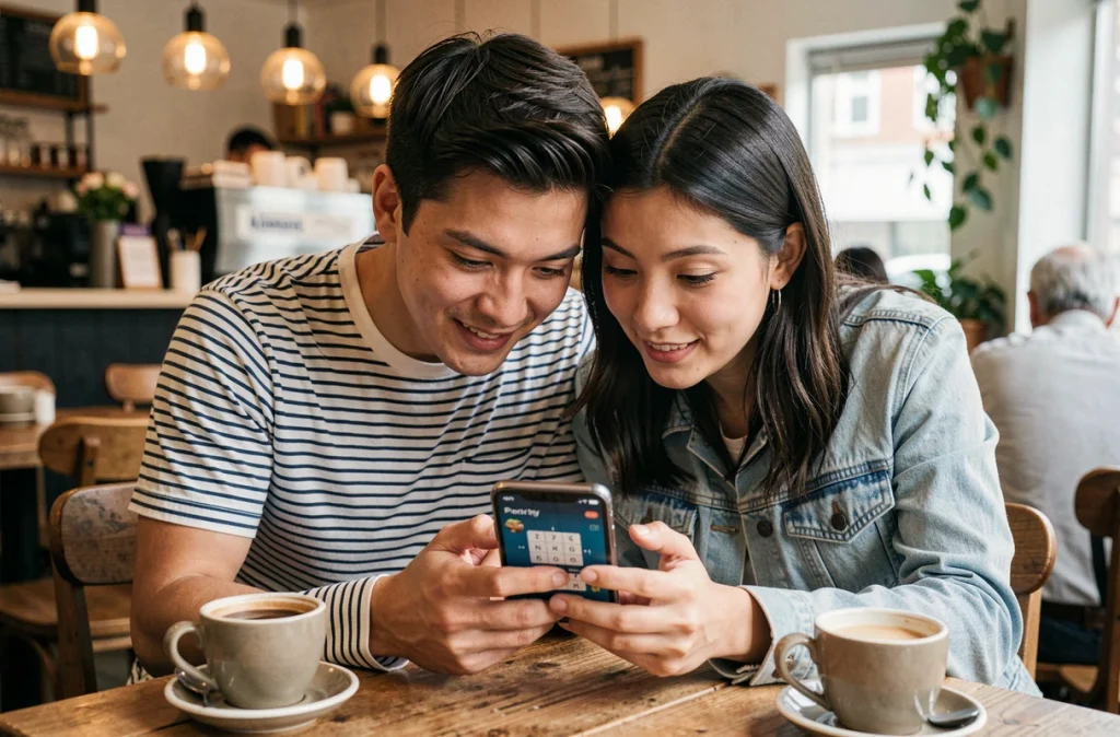 Deux amis résolvant ensemble une grille 4 Images 1 Mot de 9 lettres dans un café