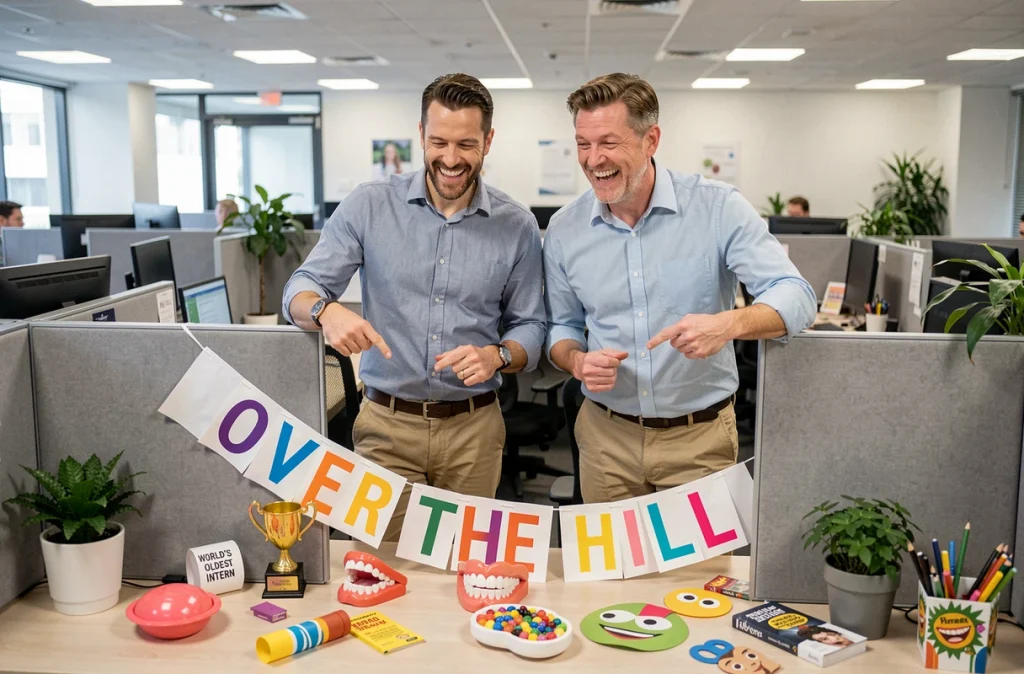 Deux collègues masculins qui rient devant des décorations d'anniversaire humoristiques au bureau