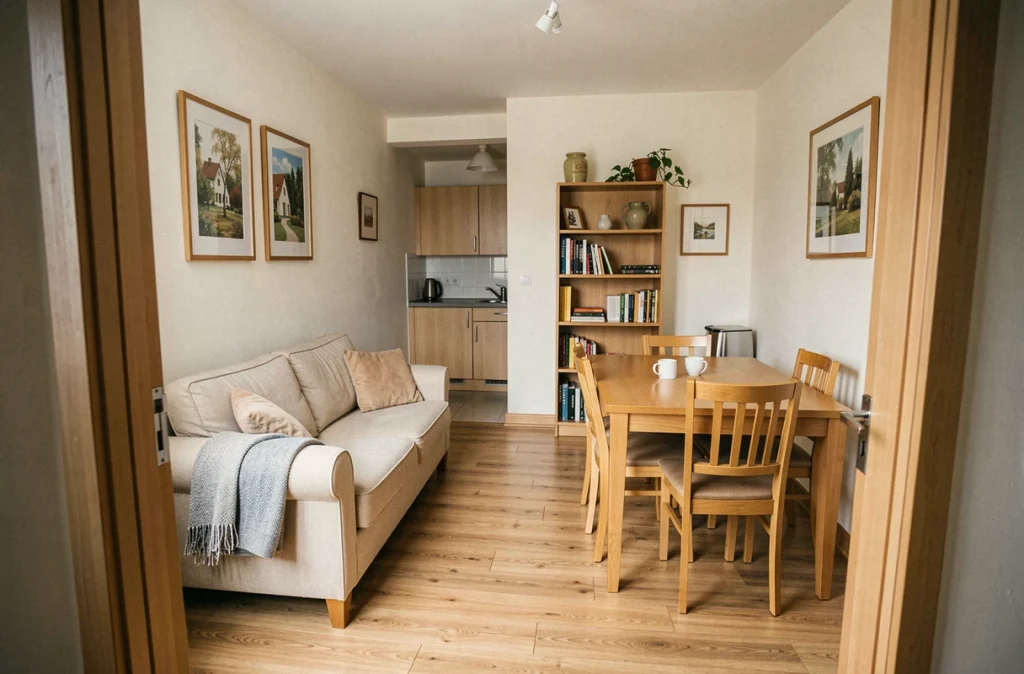 Appartement meublé prêt à la location avec salon et cuisine équipée visibles