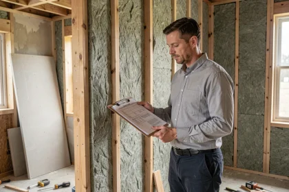 Architecte inspectant des panneaux d'isolation thermique en laine minérale dans une maison en rénovation