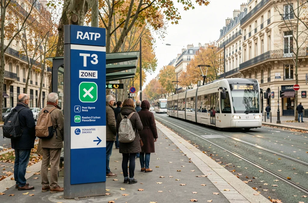Arrêt de tramway parisien T3 avec panneau des zones RATP et voyageurs en attente