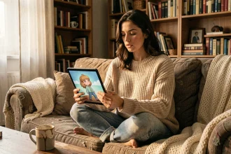 Jeune femme contemplative tenant une tablette affichant un personnage fictif, assise dans un salon chaleureux évoquant l'attachement émotionnel aux personnages virtuels