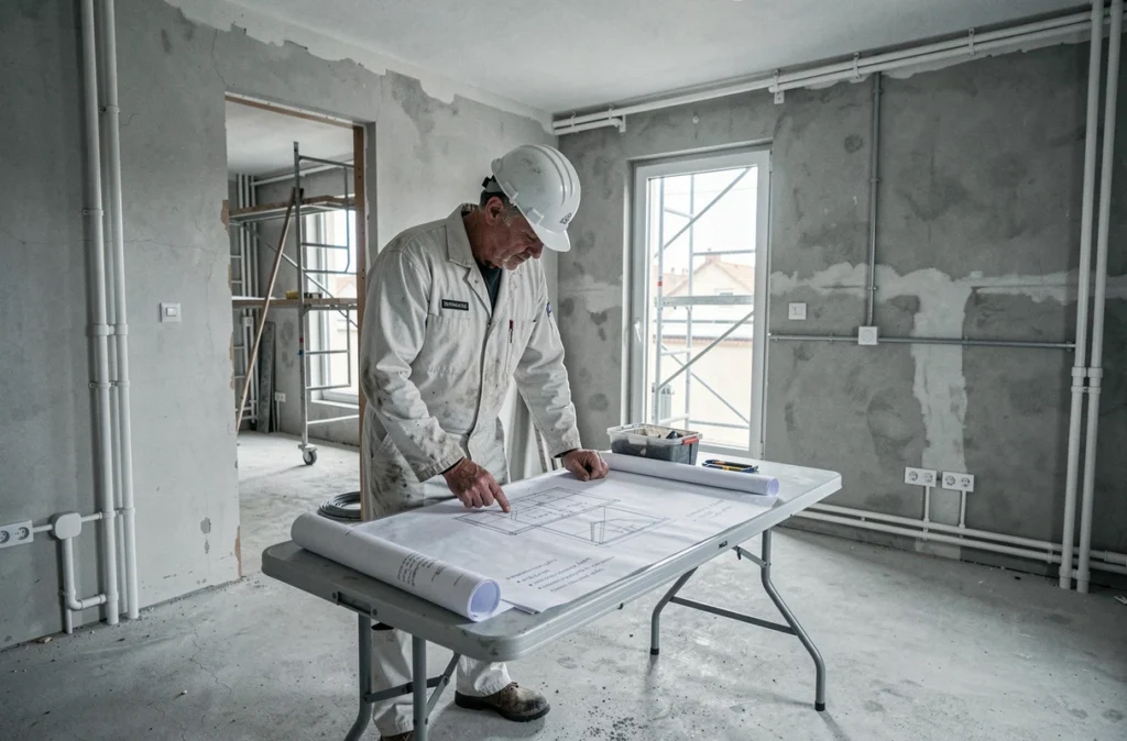 Spécialiste en rénovation d'Avenir Rénovations Saint-Denis 93 consultant des plans dans un appartement en cours de rénovation
