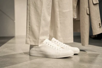 Baskets blanches en cuir sur un podium de défilé de mode avec pantalon large en lin ivoire et blazer structuré