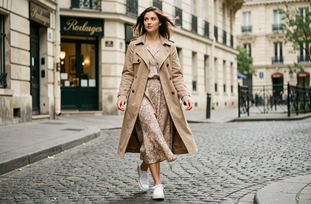Jeune femme portant des baskets blanches avec une robe fleurie et un trench beige dans une rue pavée parisienne
