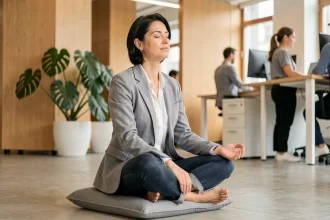 Femme pratiquant la pleine conscience au bureau dans un open space moderne, illustrant le bien-être au travail en 2024