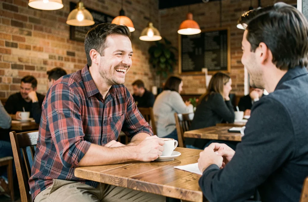 Homme réservé riant avec un collègue dans un café après avoir osé raconter une blague