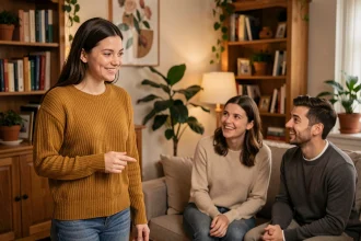 Jeune femme timide souriant avec hésitation en racontant une blague à des amis dans un salon chaleureux