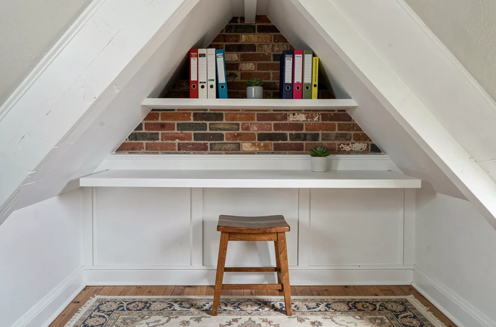 Coin bureau aménagé sous un escalier avec étagère, plante verte et tabouret en bois dans un intérieur familial