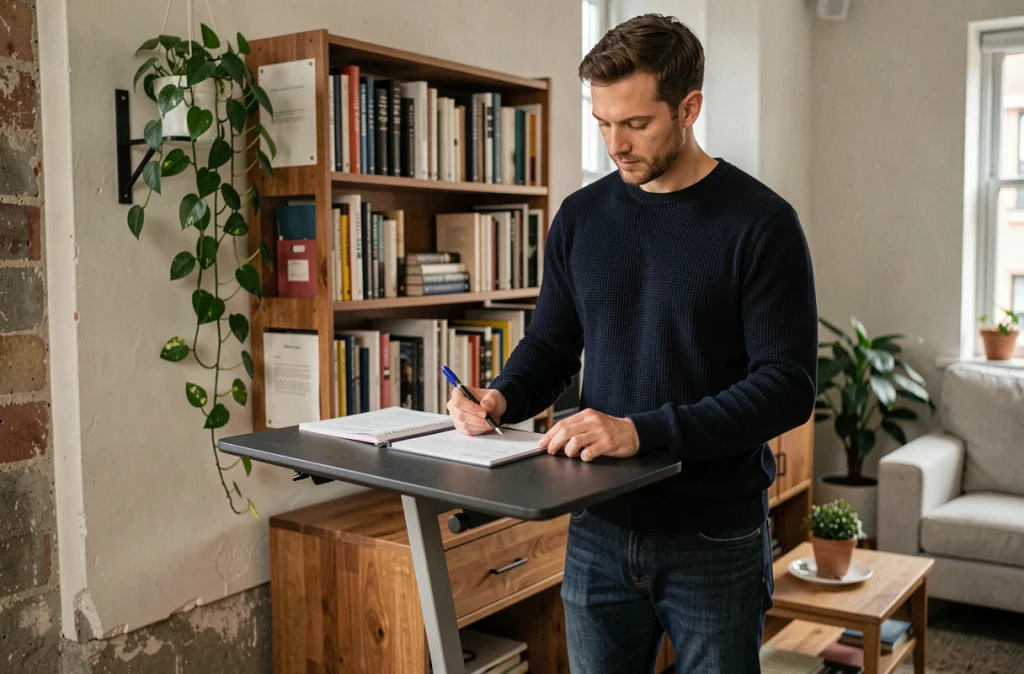 Homme travaillant debout sur un convertisseur de bureau en hauteur installé dans un salon de petit appartement urbain