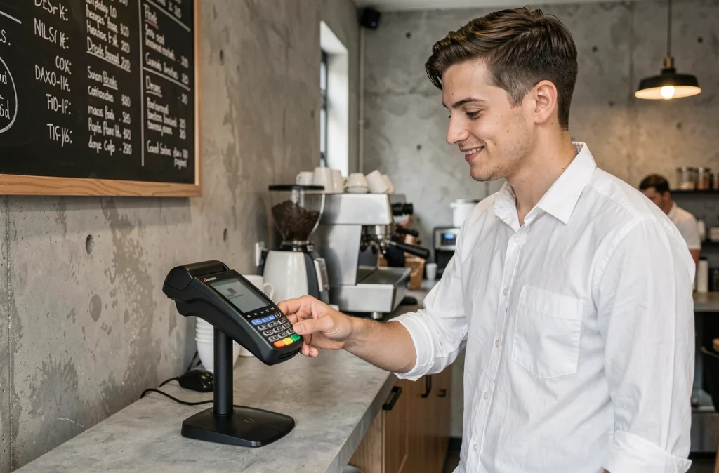 Un jeune homme utilise sa carte bancaire pour un paiement sans contact dans un café parisien moderne