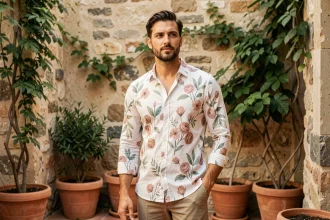 Homme en chemise fleurie à motifs botaniques portée avec un chino sur une terrasse urbaine méditerranéenne