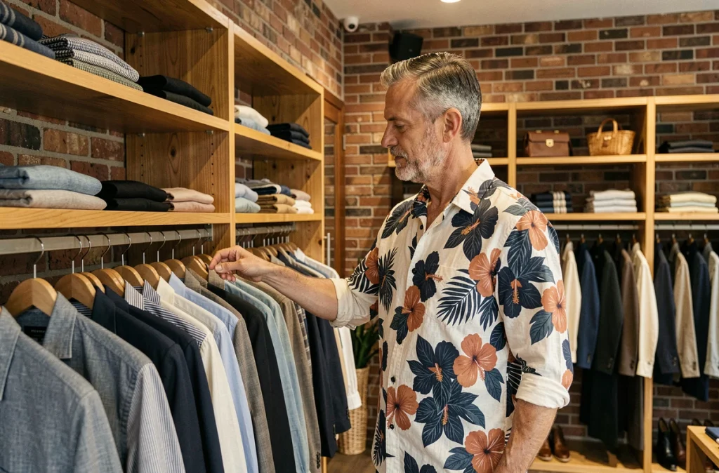 Homme en chemise en lin à imprimé floral tropical dans une boutique de mode masculine au style contemporain