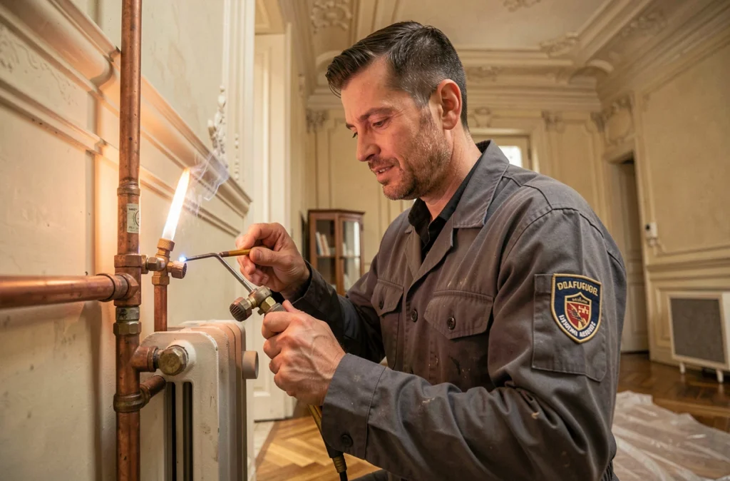 Plombier CMPS Marcadet soudant un joint en cuivre sur une canalisation de radiateur dans un appartement haussmannien