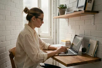 Jeune femme aménageant un coin bureau compact dans un petit appartement parisien avec bureau mural en bois et étagère flottante