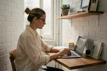 Jeune femme aménageant un coin bureau compact dans un petit appartement parisien avec bureau mural en bois et étagère flottante