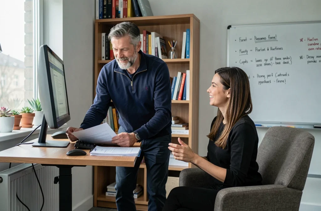 Deux collègues collaborant dans un bureau ergonomique moderne, symbolisant la qualité de vie au travail et la communication bienveillante