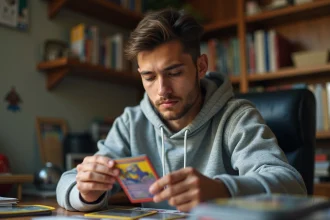 Collectionneur examinant une carte Pokémon Méga Évolution holographique avant de la revendre