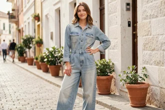 Femme portant une combinaison en jean taille haute à jambes larges dans une rue pavée européenne, tendance denim printemps-été