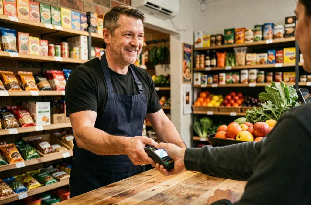 Un commerçant remet un terminal de paiement sans contact à un client dans une épicerie urbaine