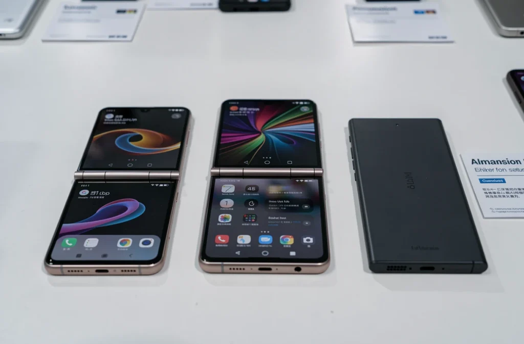 Trois smartphones pliables côte à côte dans différentes positions lors d'un salon technologique