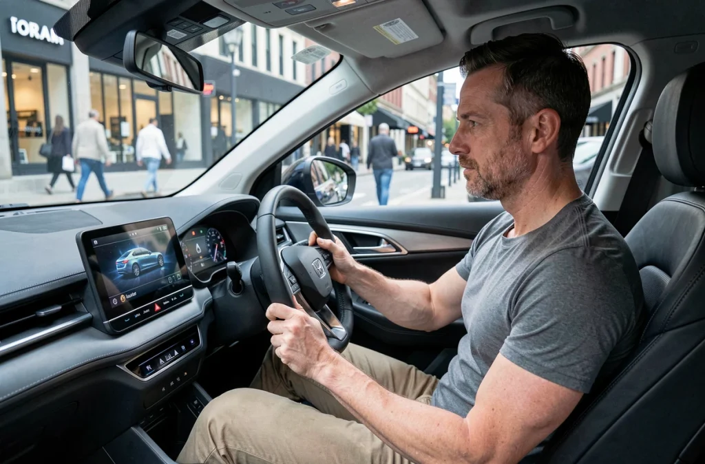Conducteur masculin consultant l'écran de gestion d'énergie dans l'habitacle d'un SUV hybride en ville
