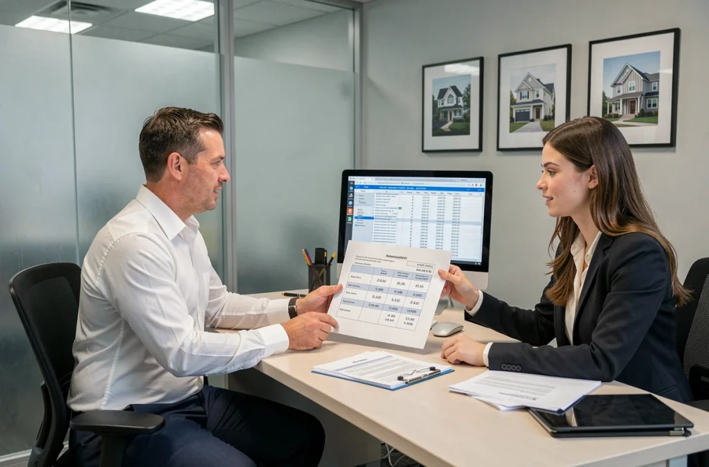 Conseiller financier expliquant les conditions du prêt à taux zéro à un jeune couple primo-accédant
