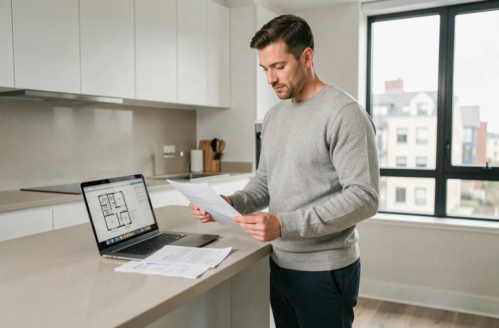 Homme vérifiant les détails d'un compromis de vente dans un appartement moderne avant signature