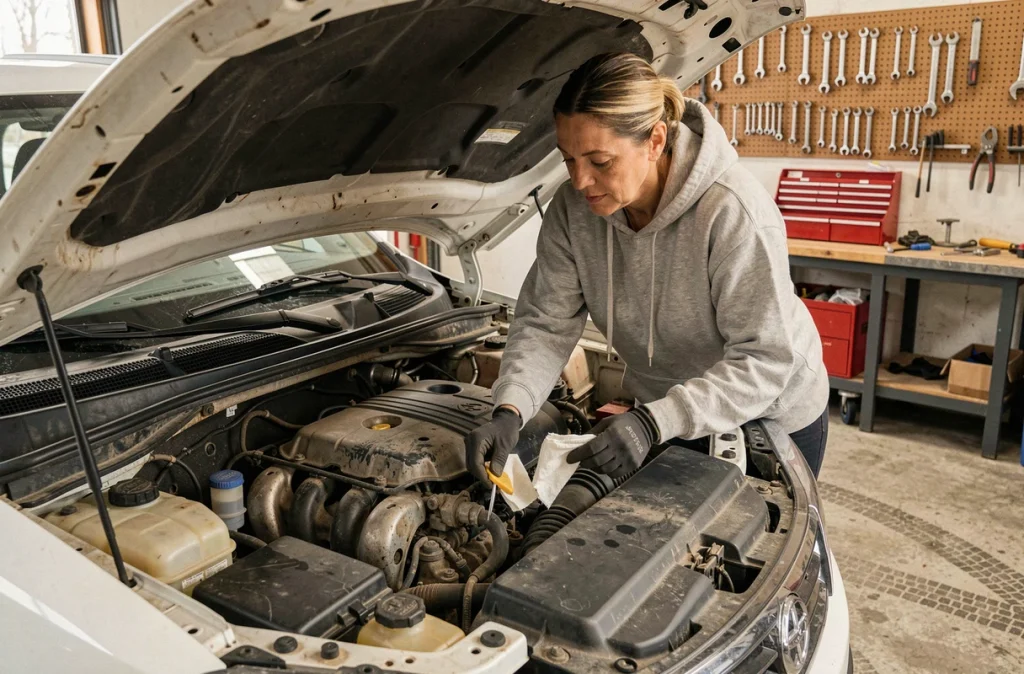 Femme vérifiant le niveau d'huile moteur sous le capot d'un SUV dans un garage avant un long trajet