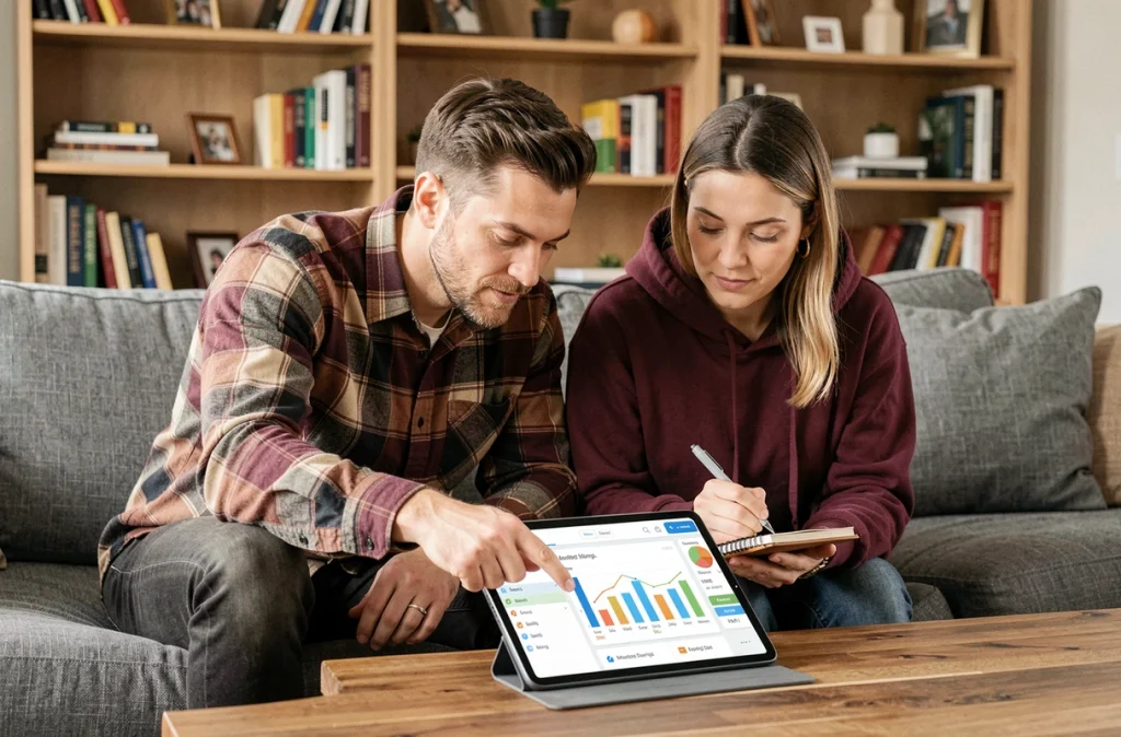 Couple gérant leur budget familial ensemble sur une tablette dans leur salon avec une application de finances personnelles