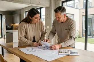 Couple examinant des plans et documents immobiliers lors d'un projet d'achat en copropriété