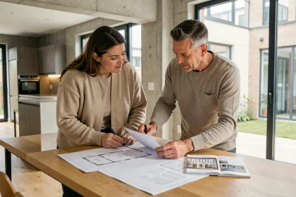 Couple examinant des plans et documents immobiliers lors d'un projet d'achat en copropriété
