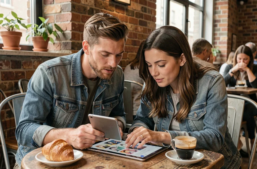 Deux adultes explorant un catalogue de mangas sur une tablette dans un café urbain chaleureux