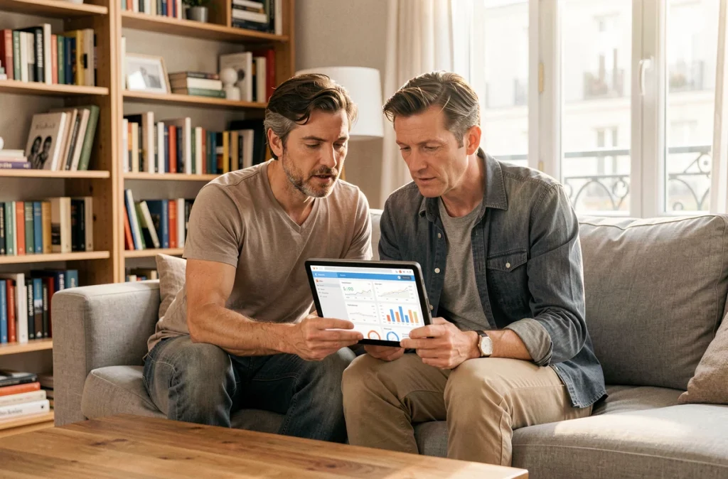 Couple consultant ensemble un tableau de bord de néobanque sur une tablette dans leur appartement parisien