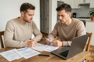 Couple de nouveaux propriétaires examinant les documents de charges de copropriété sur une table en bois dans un appartement moderne