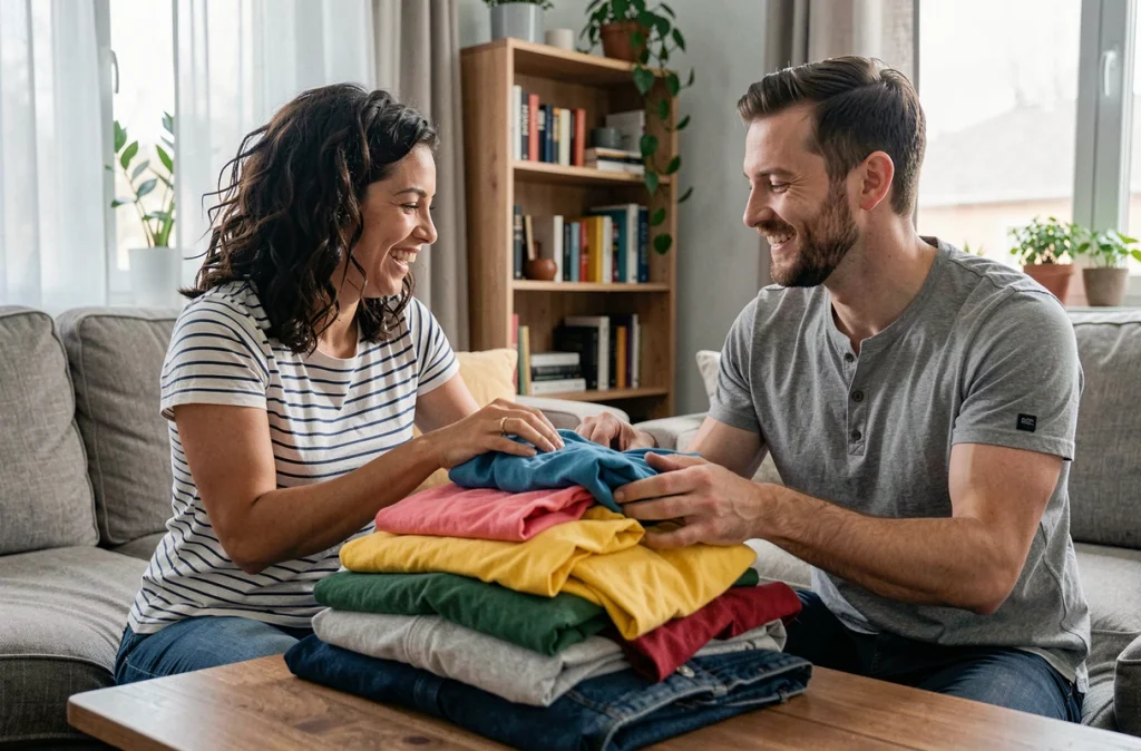 Un couple partageant le pliage du linge dans le salon, illustrant le partage équitable des tâches domestiques en couple