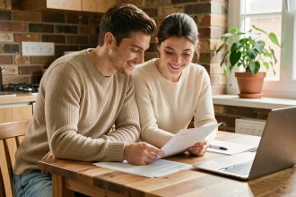 Jeune couple de primo-accédants examinant des documents de prêt à taux zéro dans leur appartement