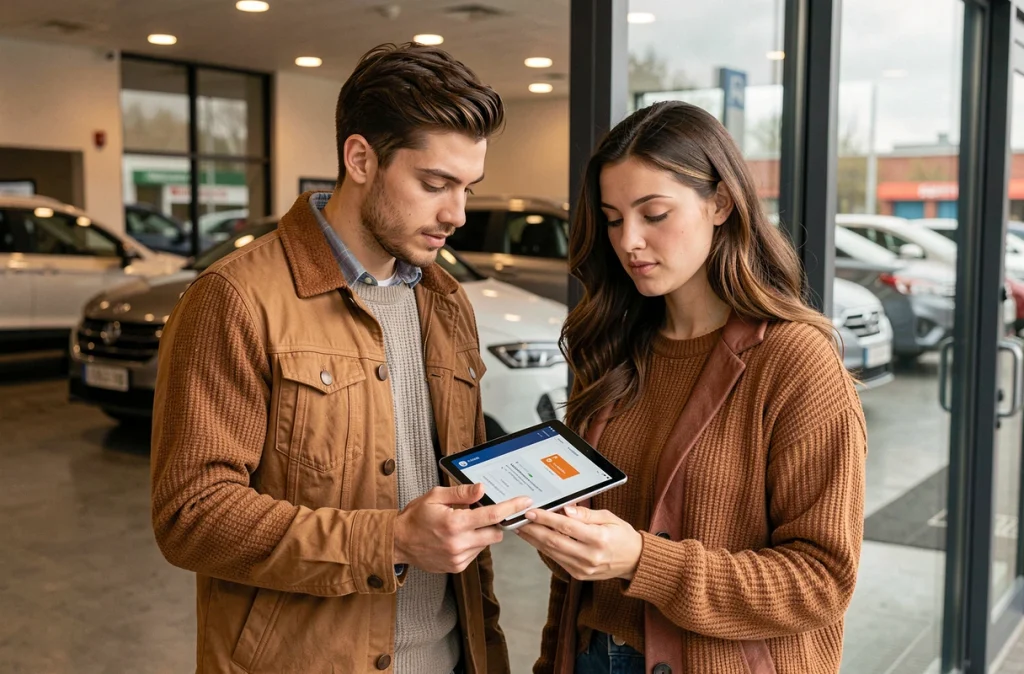 Couple consultant une simulation de crédit à la consommation sur tablette devant un concessionnaire automobile