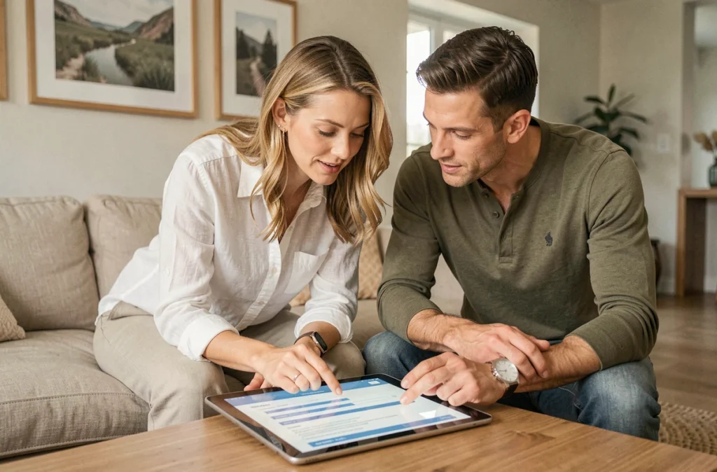 Couple consultant ensemble un formulaire de souscription d'assurance en ligne sur une tablette dans leur salon